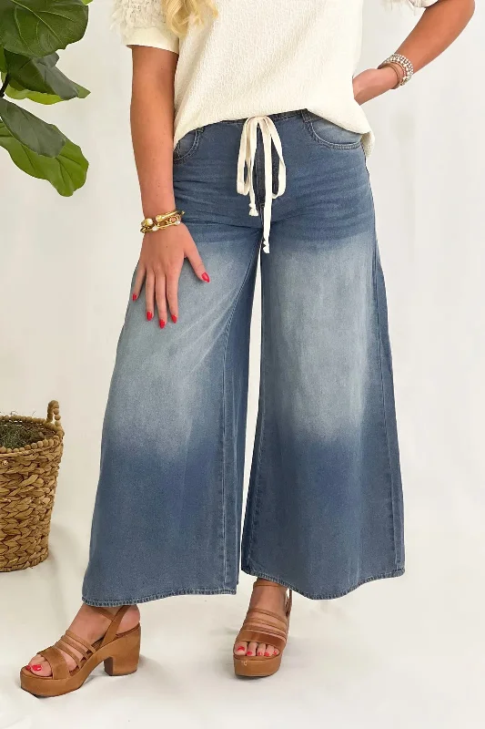 Women's Trendy Garments Light Denim Tie Waist Wide Leg Denim Pants