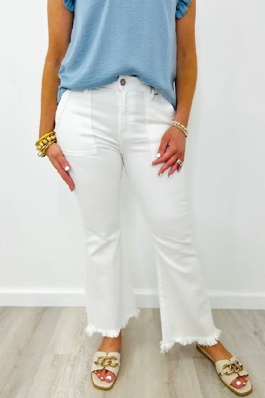 Women's Casual Apparel For Weekends White Cargo Flare Bottom Jean *Final Sale*