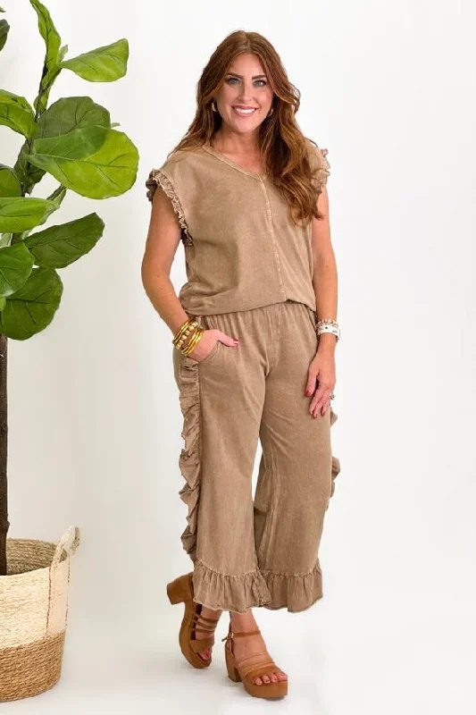 Fashionable Women's Outfit Mocha Mineral Wash Ruffle Detail Pants