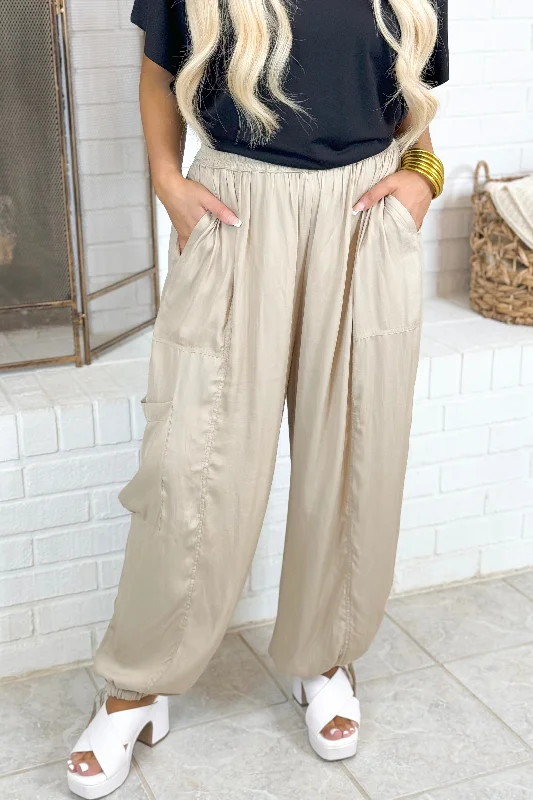 Women's Comfortable Lounge Garments Pumice Satin Cargo Pants *Final Sale*