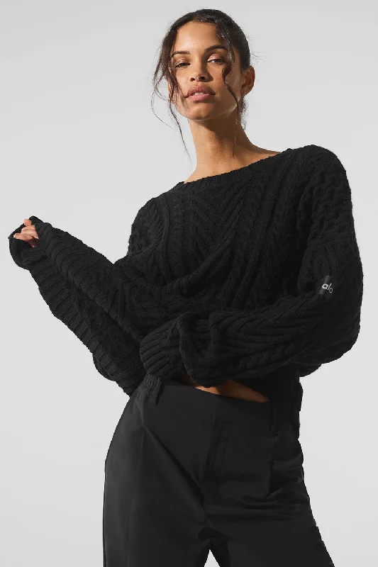 Modern Women's Clothes Cable Knit Crew Neck Sweater - Black