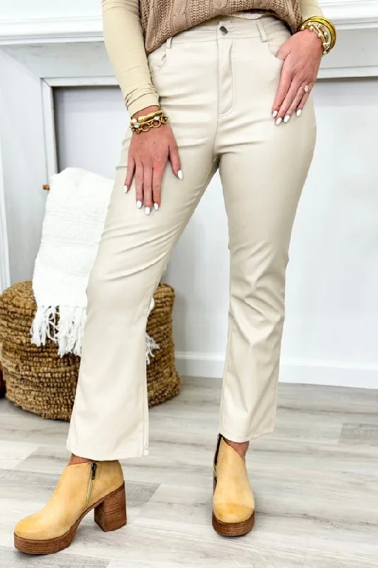 Women's Relaxed Clothes Oatmeal Stretchy Leather Cropped Flare Pants