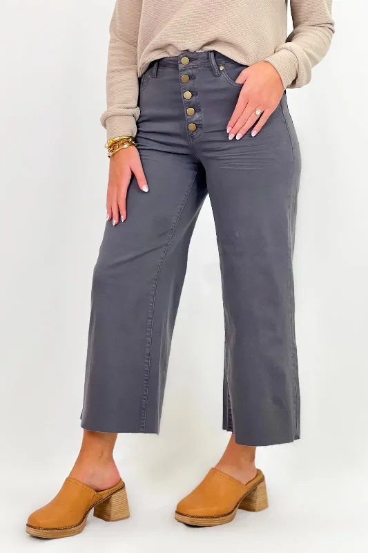 Women's Chic Outerwear Attire Ash Grey Button Front Pants