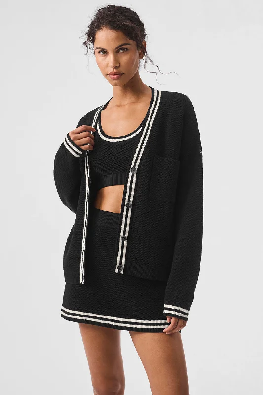 Women's Clothes For The Office Tennis Club Sweater Knit Cardigan - Black/Ivory