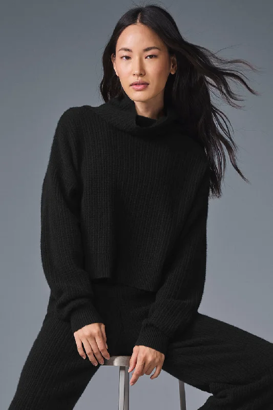 Women's Versatile Apparel Cashmere Plush Waffle Turtleneck Pullover - Black