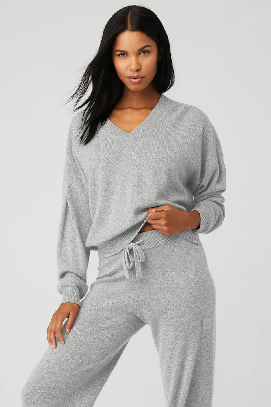 Women's Occasion Wear Apparel Cashmere Jet Set V-Neck Pullover - Dove Grey Heather