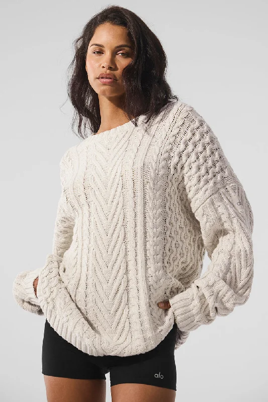 Women's Professional Clothes Cable Knit Crew Neck Sweater - Bone