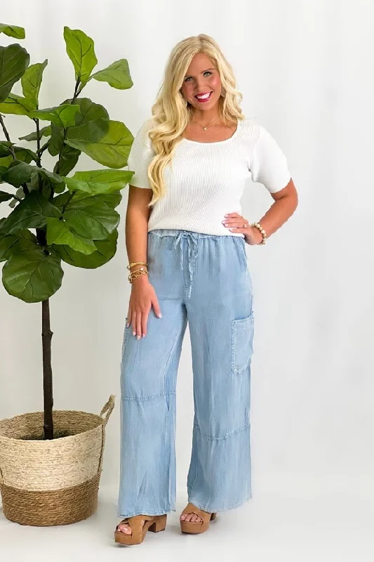 Casual Attire For Women Light Denim Chambray Elastic Cargo Pants