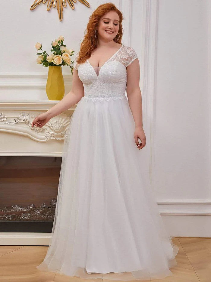 Women's Romantic Outfit Plus Size Lace Cap Sleeves Casual Applique Outdoor Wedding Dress