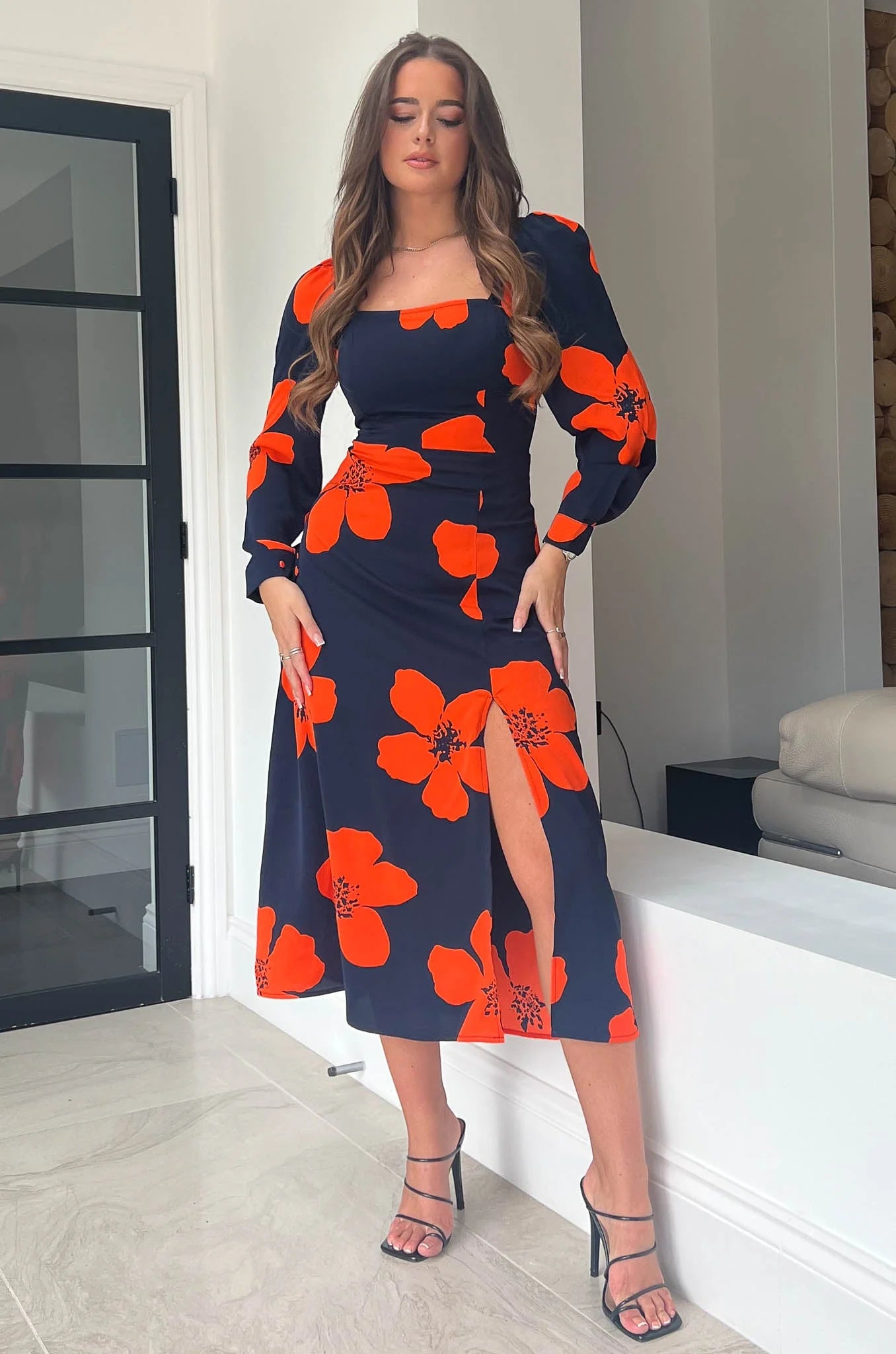 Stylish Women's Garments For Holidays Breanna Navy & Orange Floral Square Neck Midi Dress