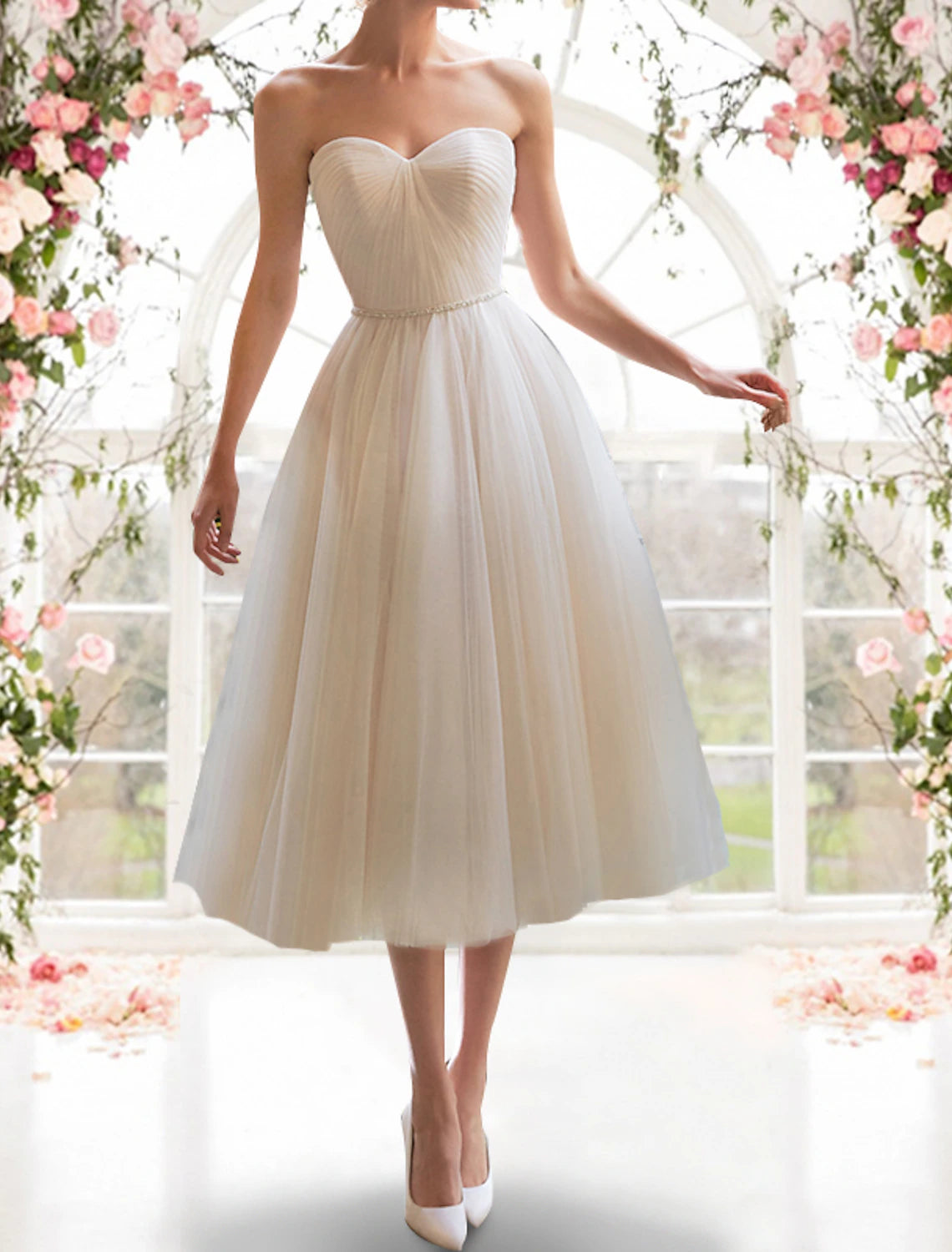 Women's Holiday Clothing Reception Little White Dresses Wedding Dresses A-Line Sweetheart Strapless Tea Length Tulle Bridal Gowns With Sashes / Ribbons Pleats