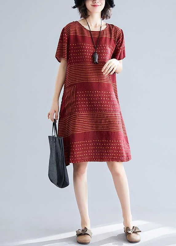 Women's Holiday Clothing Elegant o neck pockets Cotton quilting dresses Runway burgundy dotted Dress