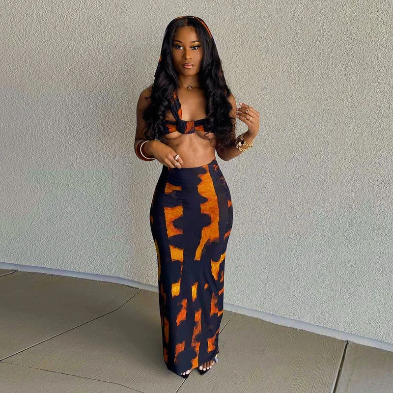 Women's Elegant Clothing Sets 2022 Fashion Pattern Print Two Piece Set Women Sleeveless Short Crop Top Bodycon Maxi Skirt Streetwear Set