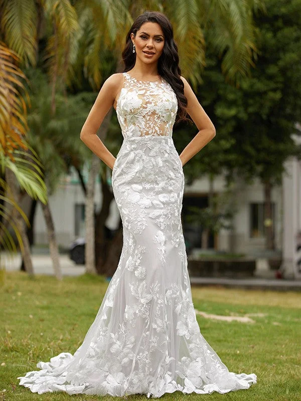 High-Fashion Women's Clothing Sheath/Column Lace Scoop Sleeveless Sweep/Brush Train Wedding Dresses