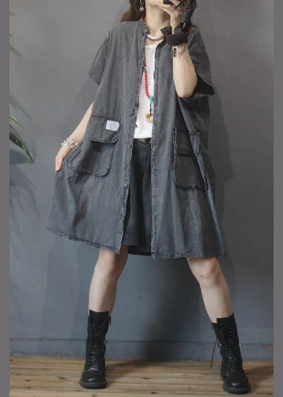 Women's Seasonal Garments Vintage Large Pocket Grey Denim Dress