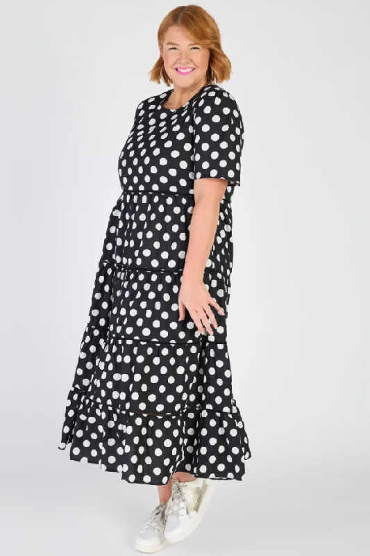 Women's Holiday Apparel Aurelia Black & White Spots Maxi Dress