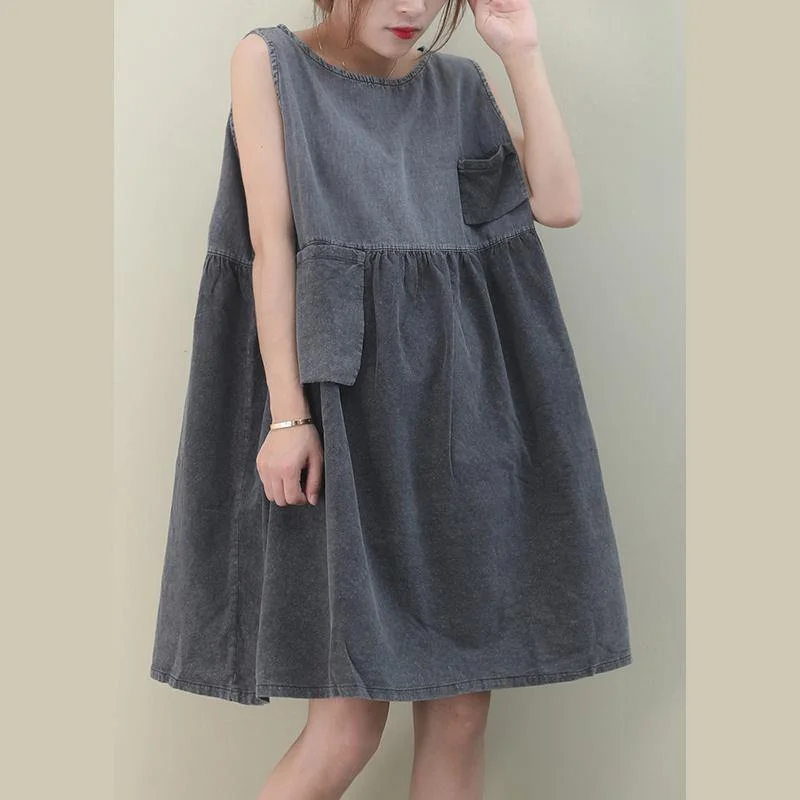 Casual Clothes For Women Women o neck Cinched Cotton dresses Fabrics denim gray Dresses