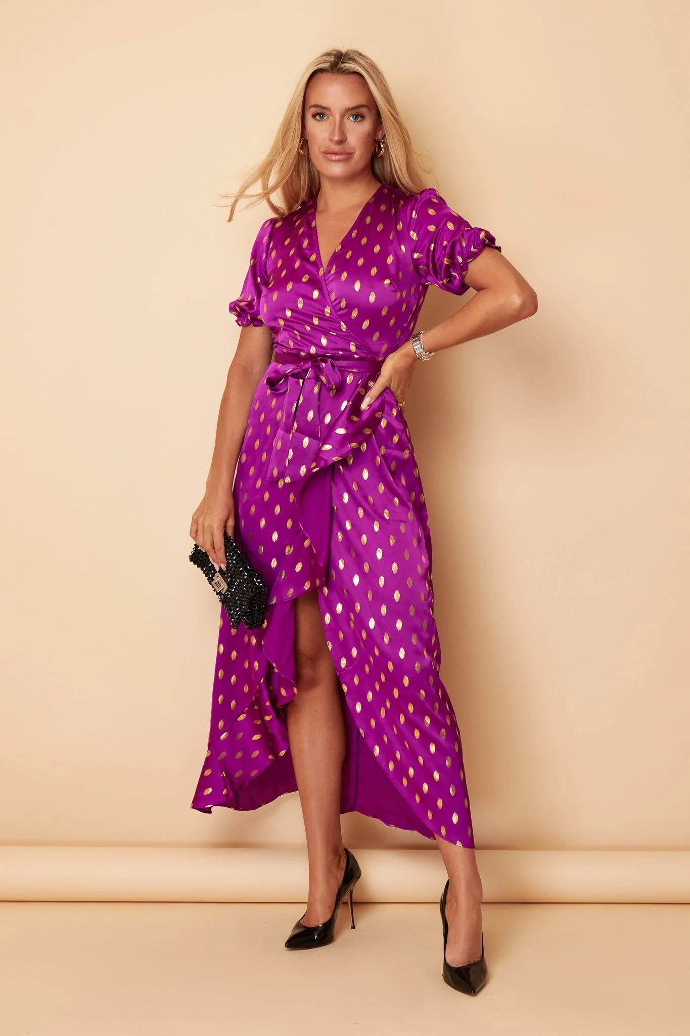 Women's Travel Outfit Set Fiona Orchid Satin with Gold Foil Frill Hem Dress