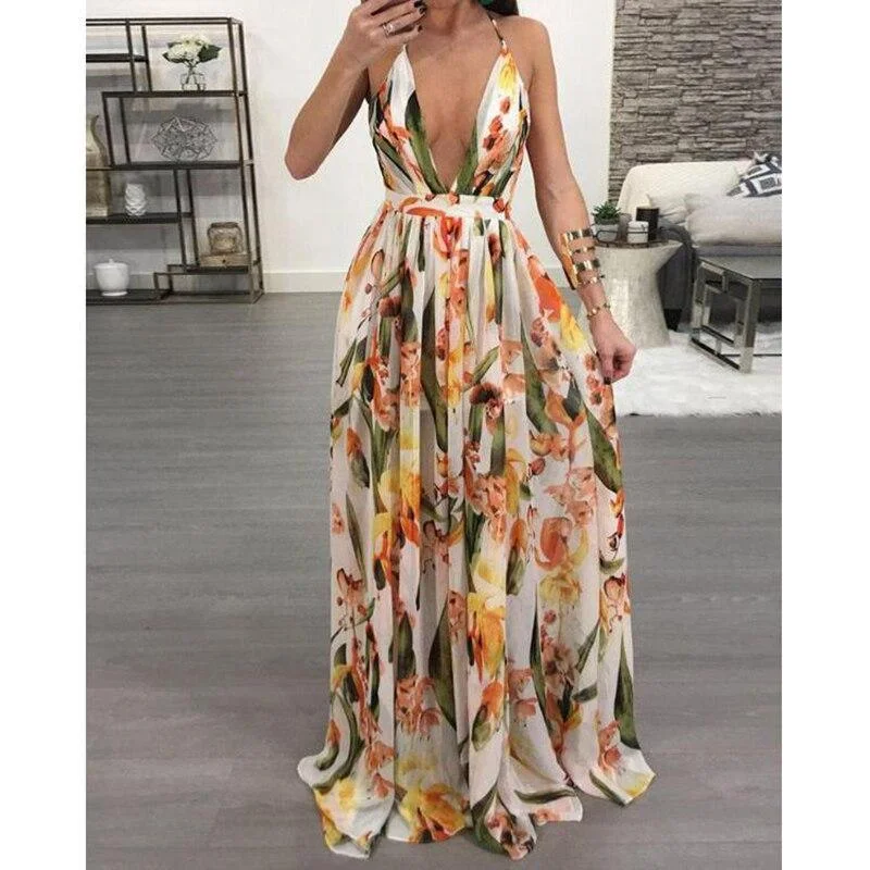 Elegant Clothing For Women FashionSierra - Floral deep v neck backless maxi dress women Sleeveless flower print bohemian long dress Fashion long summer beach dresses