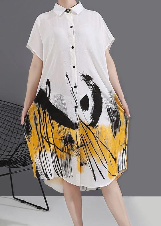 Women's Active Clothing Natural White low high design Peter Pan Collar Print shirt Dress Spring