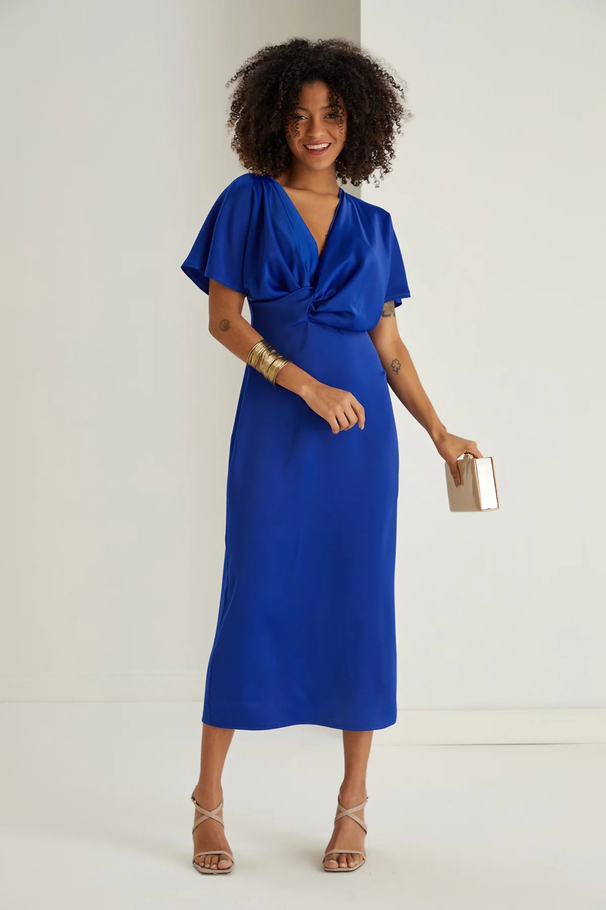 Women's Casual Attire Farra Cobalt Blue Twist Detail Satin Midi Dress