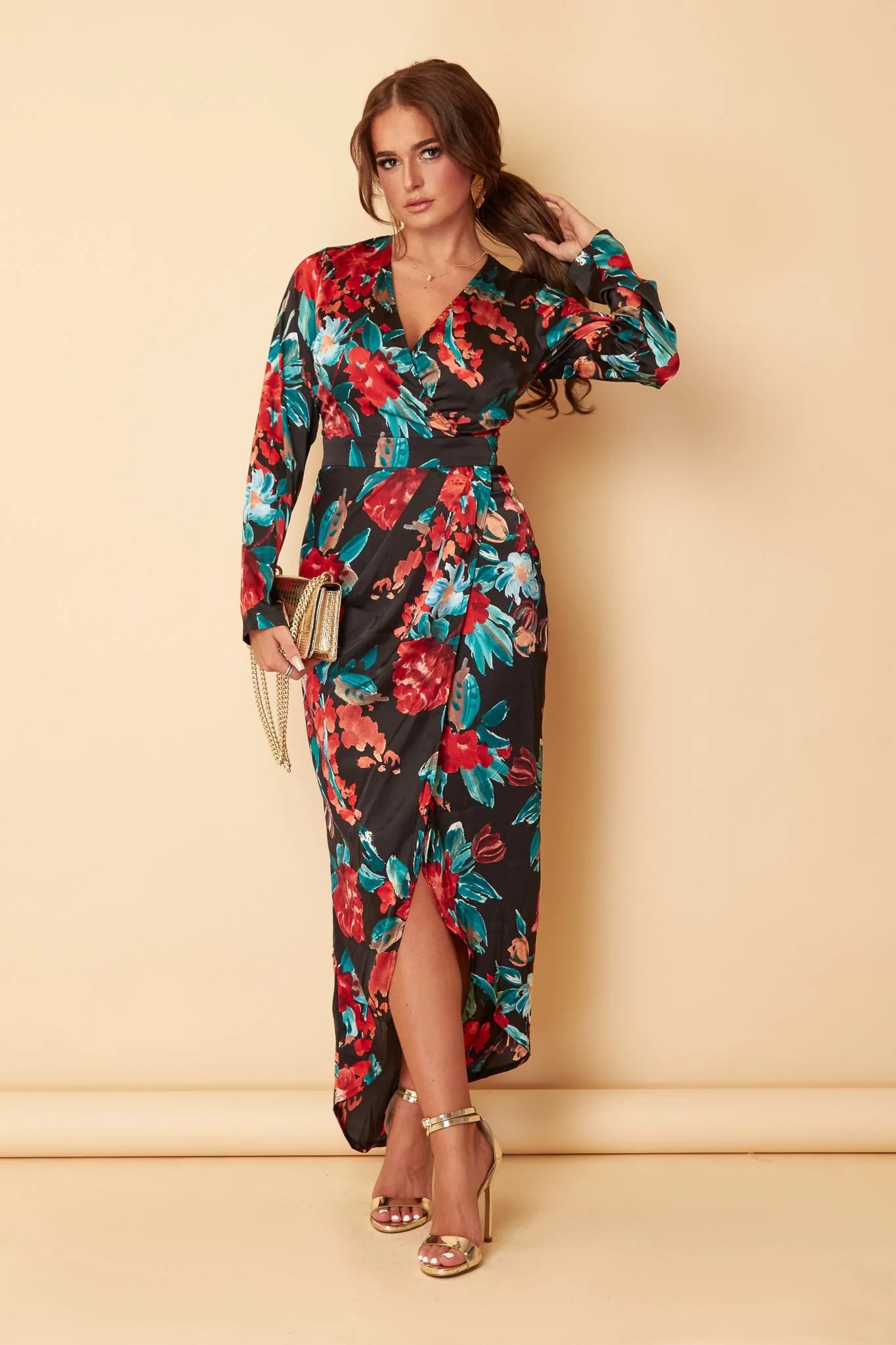 Women's Outdoor Attire Grace Red Teal Floral Print Long Sleeve Maxi Dress