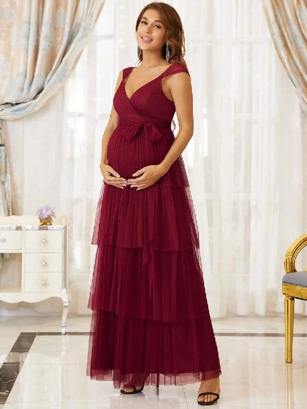 Women's Occasion Wear Clothes Tie Waist V-Neck Tiered Floor-length Maternity Dress