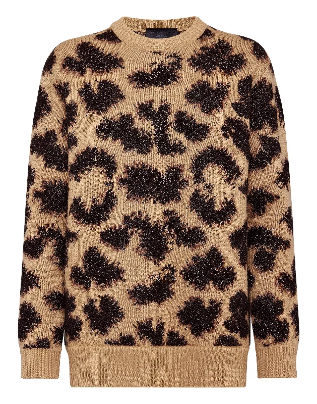 Women's Everyday Attire Pullover Round Neck SS Jacquard Lurex Leopard