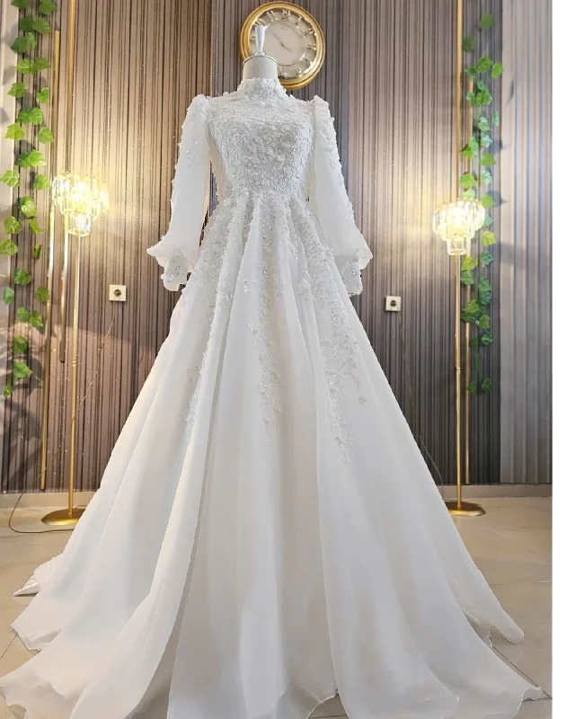 Sustainable Women's Apparel France Lace Muslim Plus Size Wedding Dresses for Bride Full Sleeve High Neck A-Line Dubai Bridal Gowns Vestido De Novia