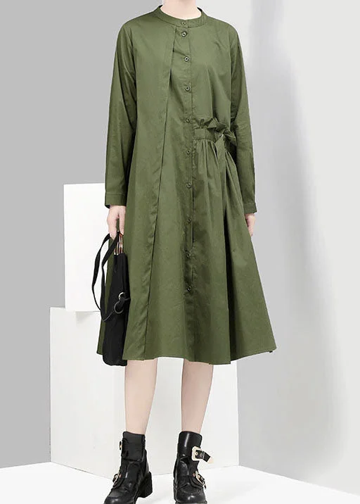 Women's Fashion Clothes Women Green button asymmetrical design Stand Collar shirt Dresses Spring