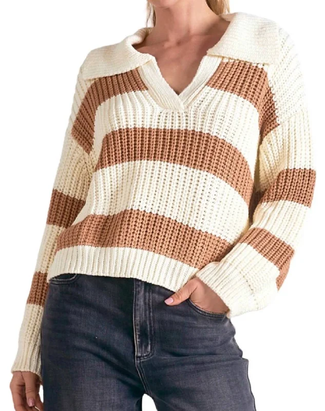 Affordable Trendy Clothes For Women Stripe Collared Sweater In Camel/white