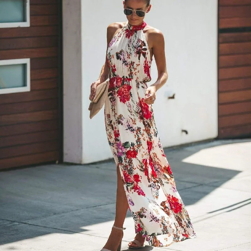 Women's Chic Outerwear Attire FashionSierra - Halter Style Women Summer Floral Dress Casual Boho High Waist Long Maxi Holiday Party Sleeveless Loose Dress Clothes