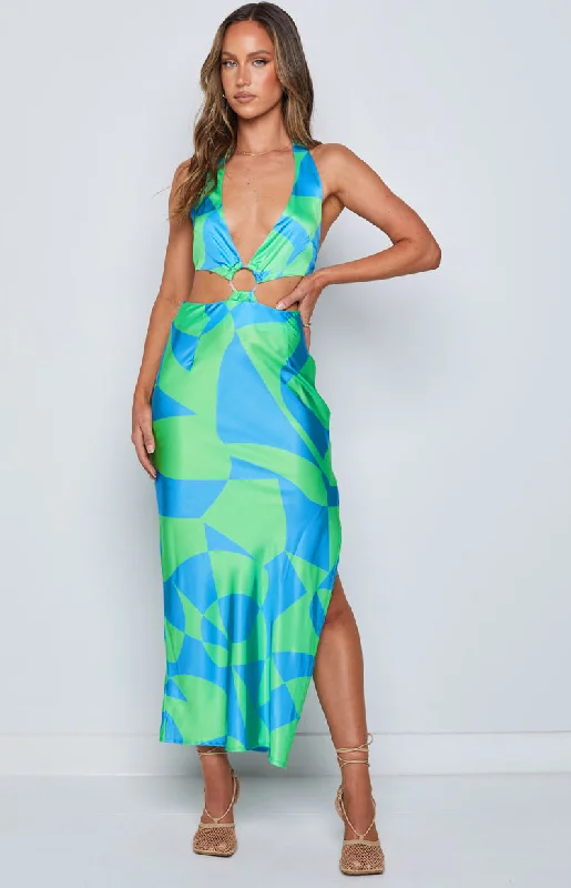 Women's Clothes For Work Events Underwater Green Print Midi Dress