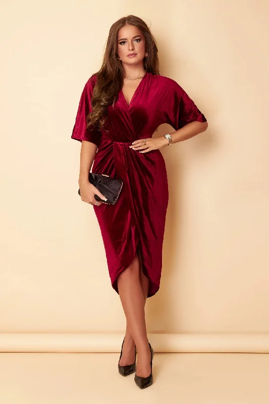 Women's Sporty Clothes Nic Wine Velvet Wrap Detail Midi Dress