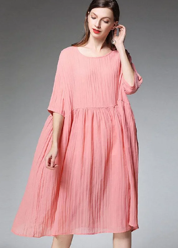 Women's Elegant Evening Outfit Elegant Pink Wrinkled Pockets Summer Dress Half Sleeve