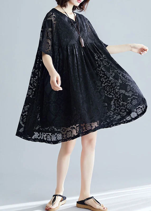 Women's Travel Garments 2024 Black V Neck Wrinkled Exra Large Hem Lace A Line Dress Short Sleeve