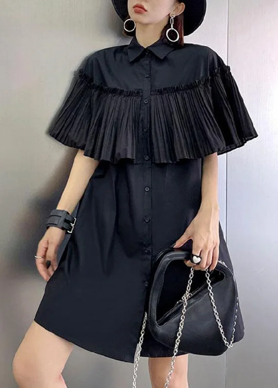 Fashionable Women's Outfit Italian Black Button Summer Short Sleeve Maxi Dresses