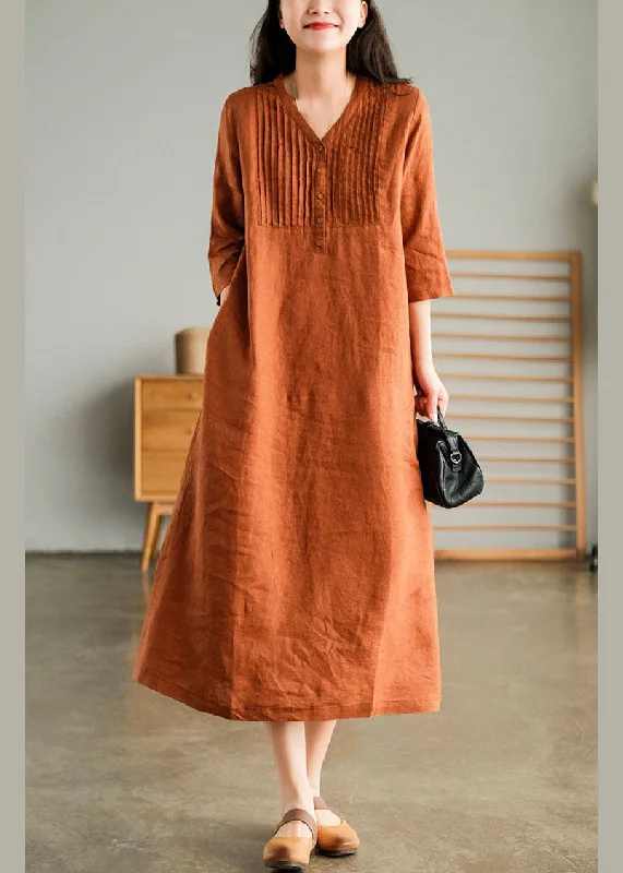 Women's Clothes For The Office Organic Orange V Neck wrinkled Linen Party Dress Half Sleeve