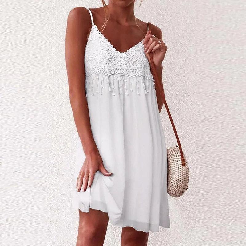 Women's Elegant Garments DressBetty - V-Neck Strap Open White Lace Sleeveless Loose Elegant Mini Dress