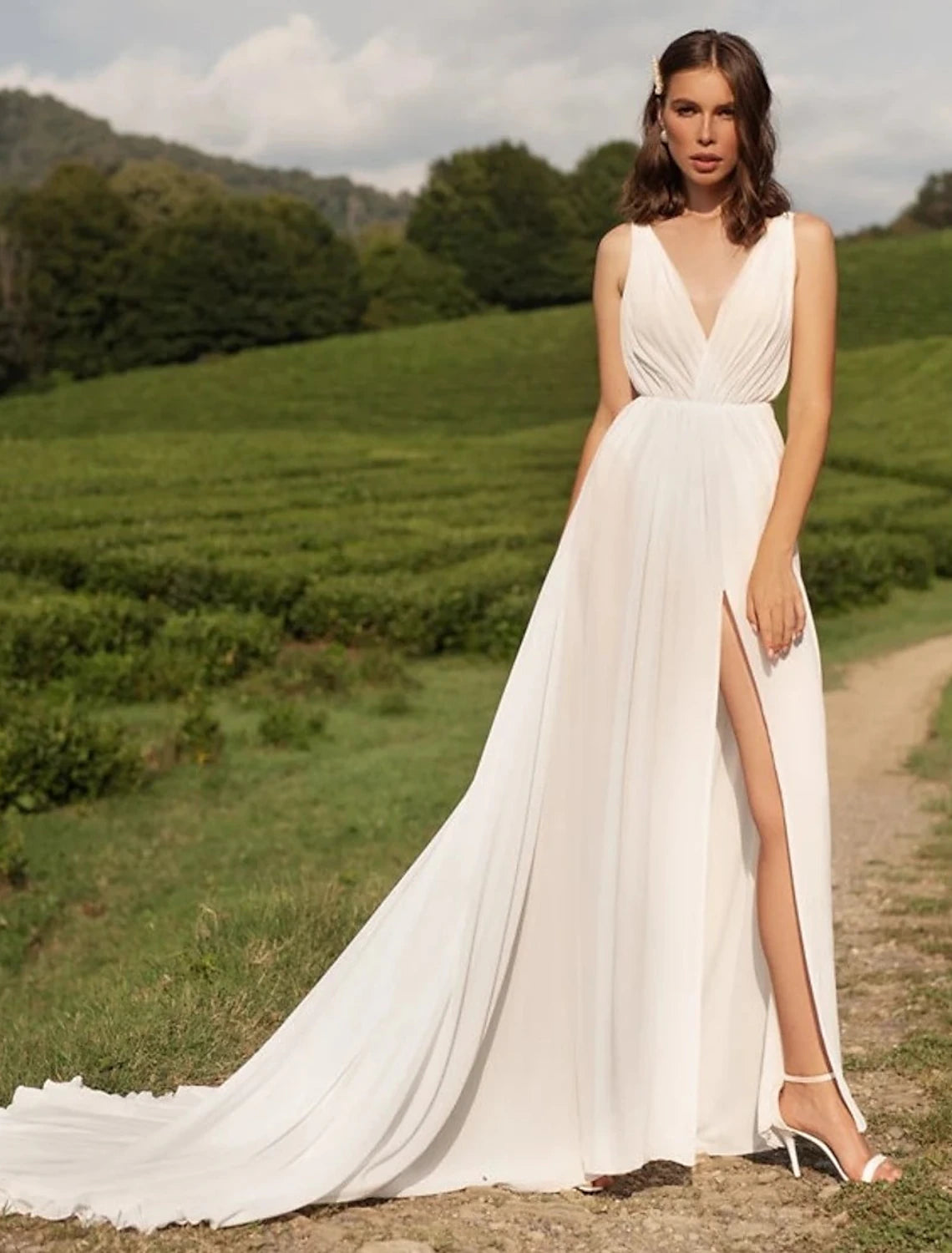 Charming Women's Outfit For Special Occasions Reception Sexy Casual Wedding Dresses A-Line V Neck Sleeveless Court Train Chiffon Bridal Gowns With Split Front Solid Color