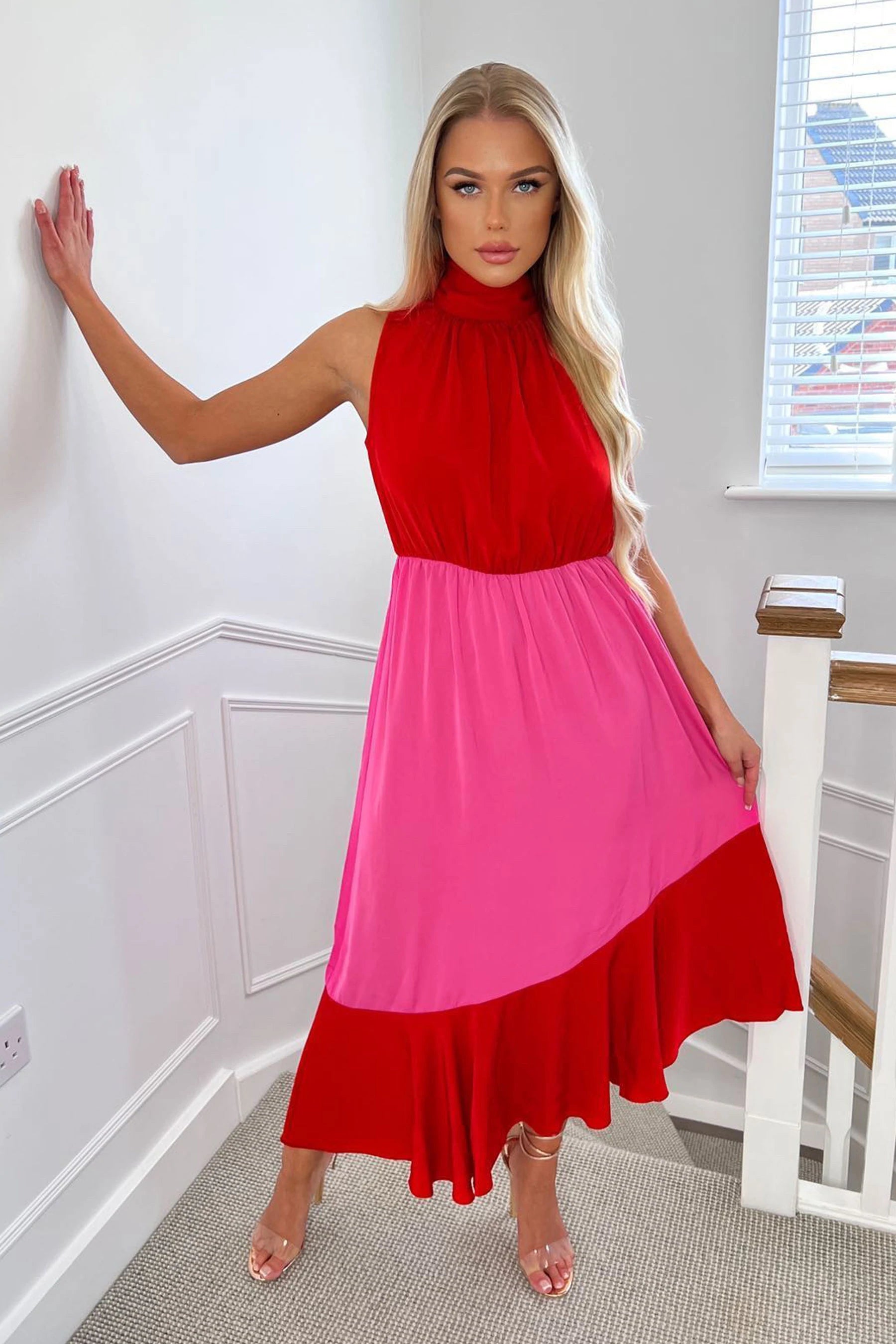 Women's Comfortable Lounge Attire Yvette Red and Pink High Neck Tiered Midi Dress