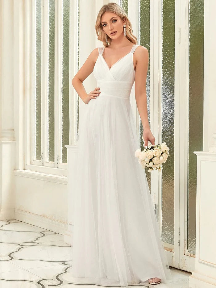 Women's Elegant Evening Outfit Deep V Neck Pleated Bodice Simple Tulle Wedding Dress