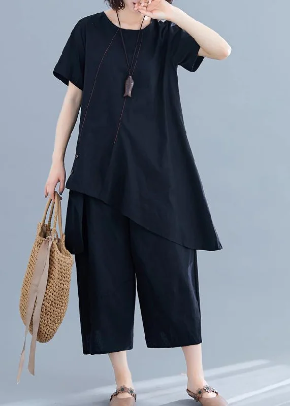 Women's Classic Outfit New loose women's fashion black cotton and linen irregular shirt + pants casual suit