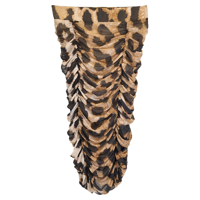 Women's Office Attire Ganni Ruched Leopard Print Midi Mesh Skirt in Brown Polyester