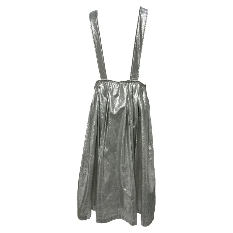 Women's Effortless Casual Outfit Comme Des Garçons Midi Suspender Skirt in Metallic Silver Faux Leather