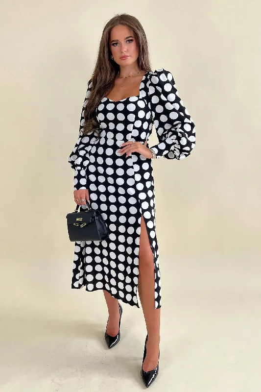 Charming Everyday Clothing For Women Karl Polka Dot Sweetheart Long Sleeve Midi Dress