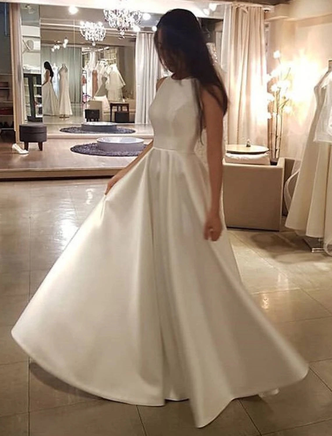 Women's Comfy Loungewear Outfit Reception Casual Wedding Dresses A-Line Scoop Neck Sleeveless Sweep / Brush Train Satin Bridal Gowns With Solid Color