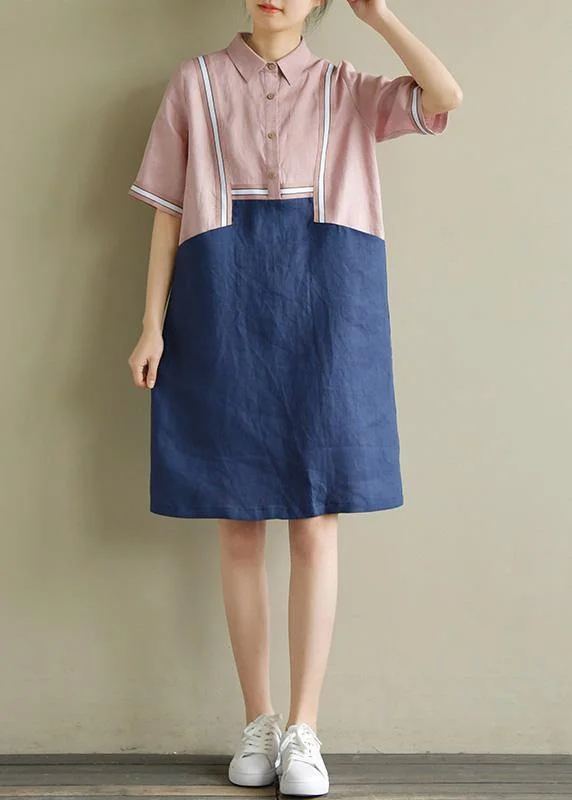 Women's Clothes Women pink patchwork blue linen Robes lapel shift summer Dress