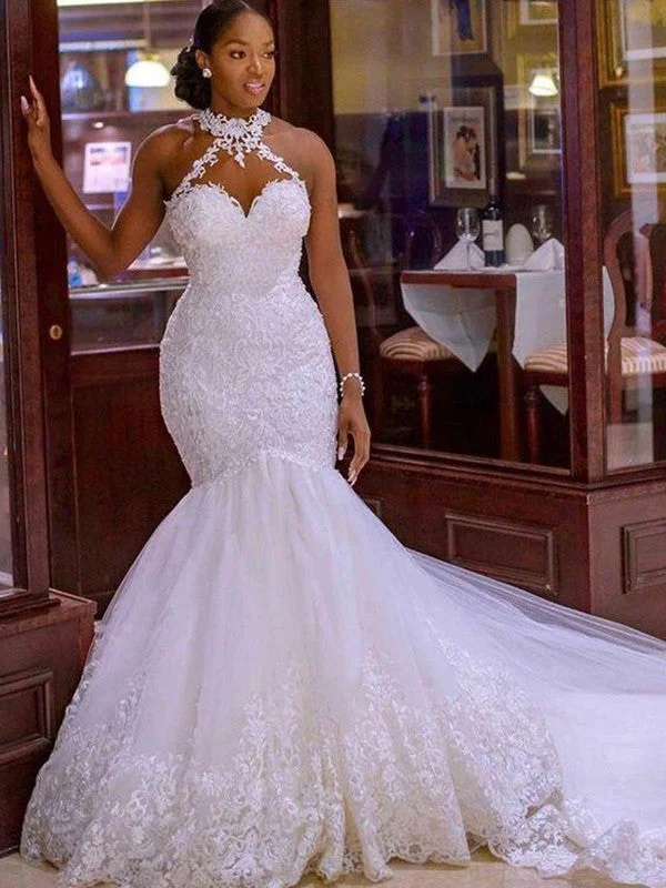 Casual Clothing For Women Trumpet/Mermaid Tulle Lace Halter Sleeveless Sweep/Brush Train Wedding Dresses