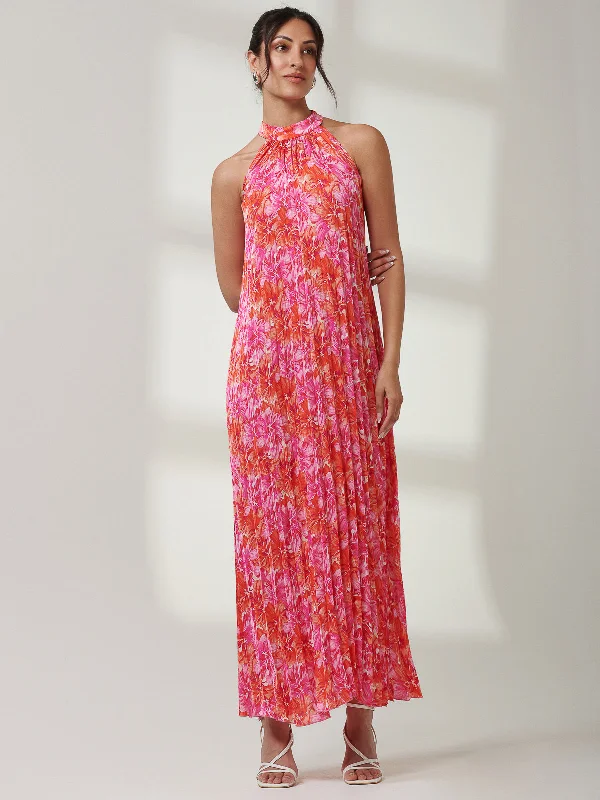 Women's Evening Clothing Halter Neck Pleated Maxi Dress, Pink Multi